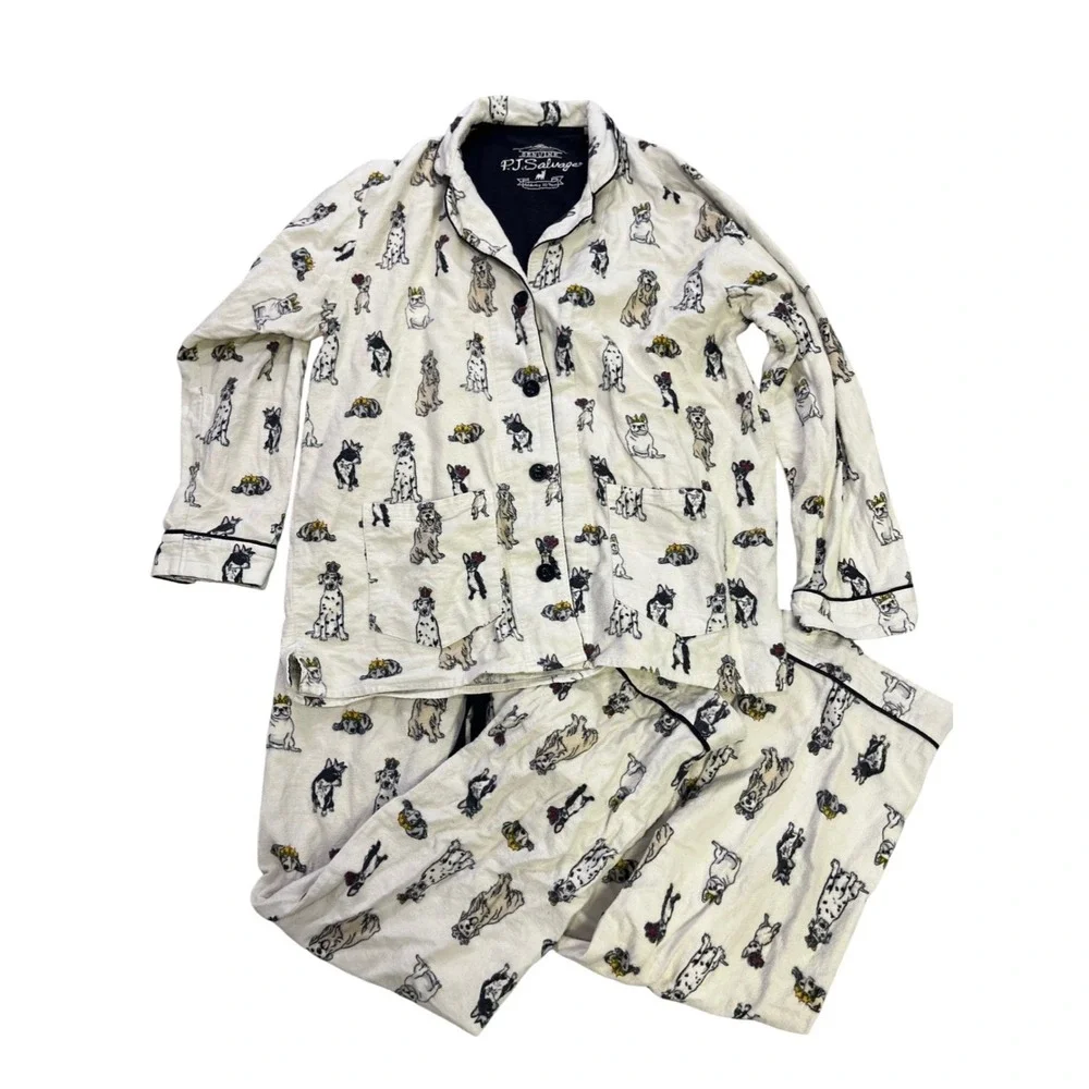 PJ Salvage Women Small Dog Print Flannel Pajama Set Cream Button Front‎ Long